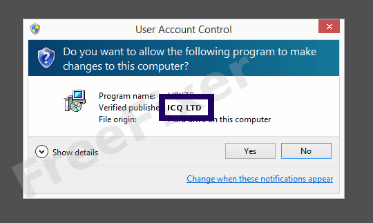 Screenshot where ICQ LTD appears as the verified publisher in the UAC dialog